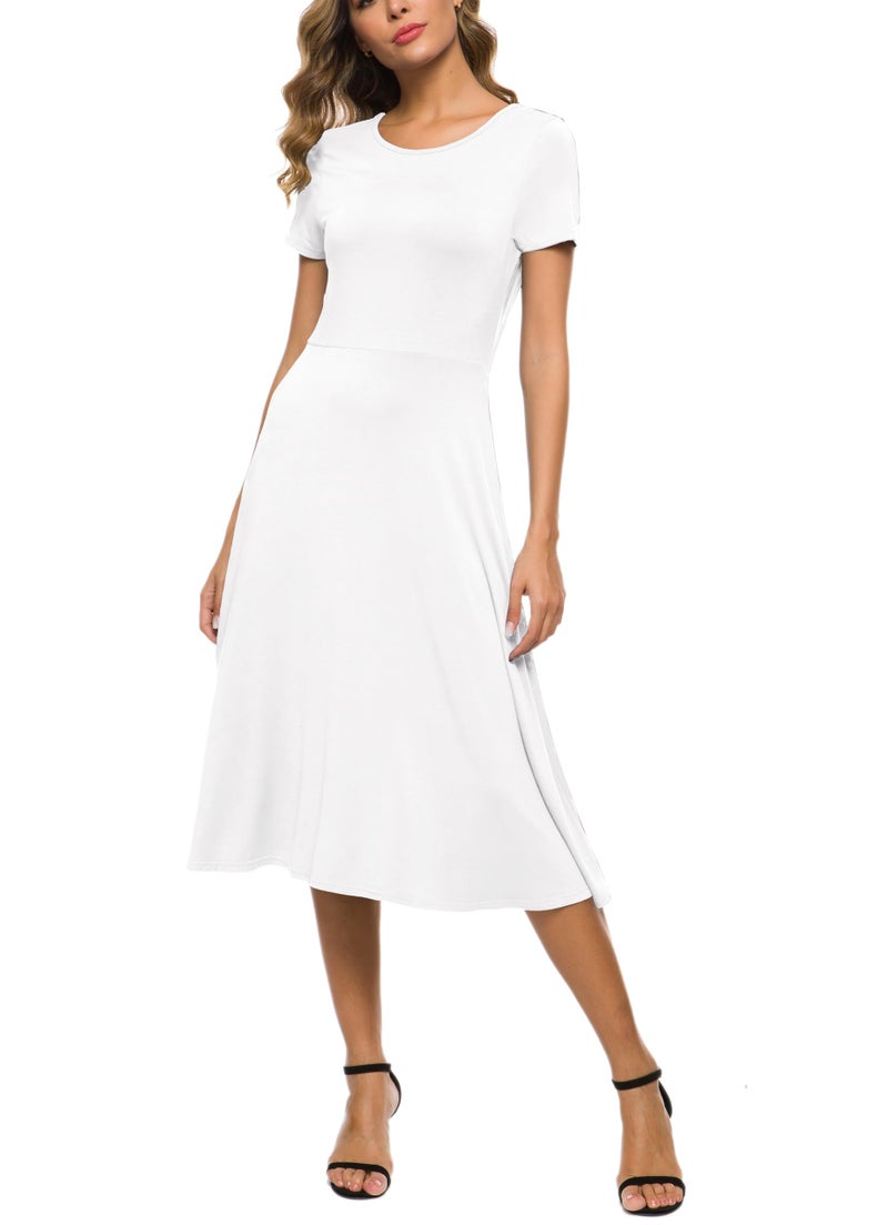 EXCHIC Women's Short Sleeve Round Neck Waisted Slim Summer Midi Dress (XL, White) - Image 2